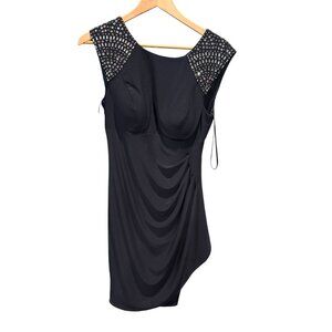 Cache Black Sleeveless Ruched Evening Dress w/ Jeweled Shoulders, Size 8 – USA